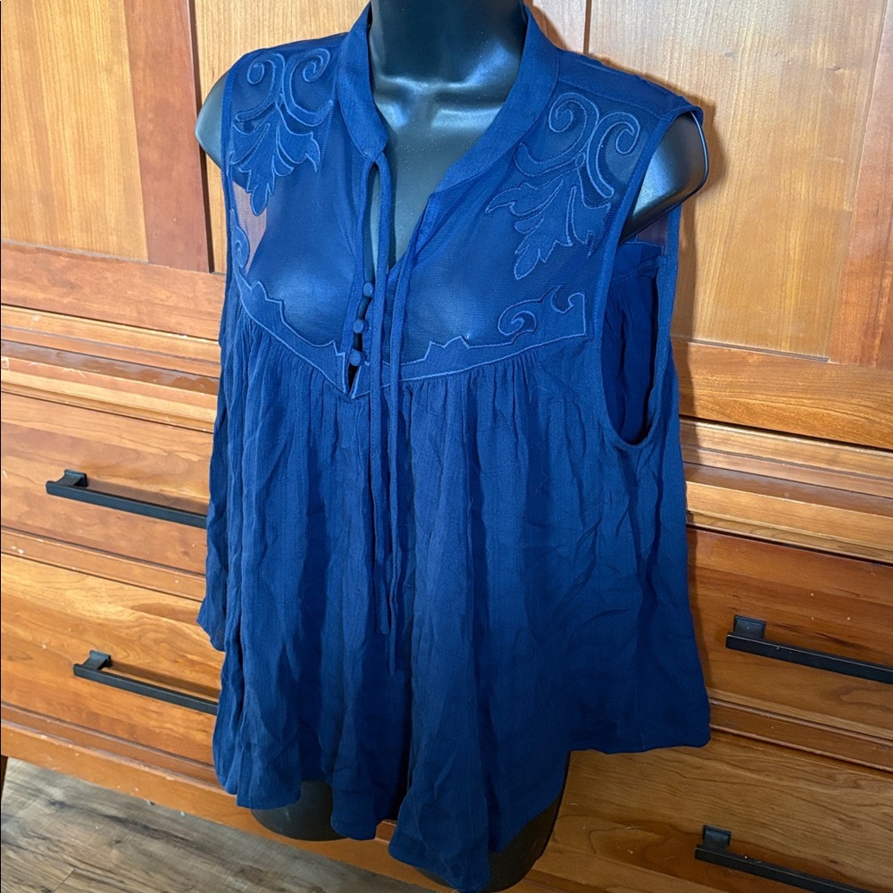 Free People Western Romance Mesh Lace Applique Tank Top Blouse Women's large - Picture 3 of 8